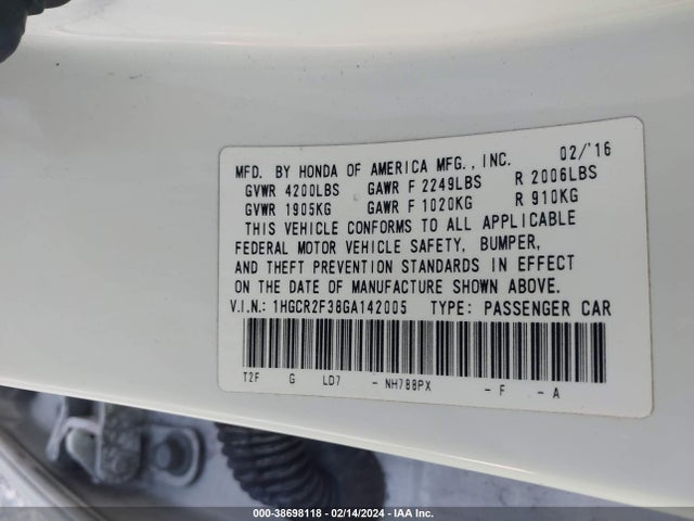 Honda ACCORD LX 2016 1HGCR2F38GA142005 Image 9