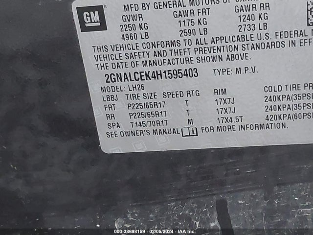 Chevrolet EQUINOX LT 2017 2GNALCEK4H1595403 Image 9