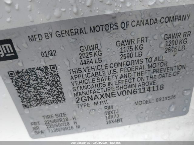2GNAXNEV0N6114118 Chevrolet Equinox Fwd Premier