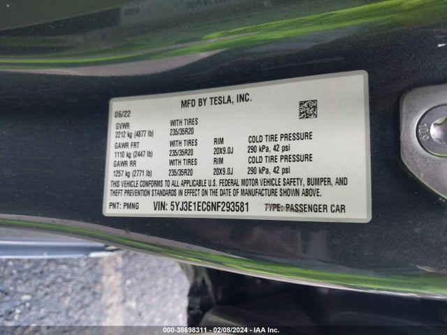 5YJ3E1EC6NF293581 Tesla Model 3 Performance Dual Motor All-wheel Drive