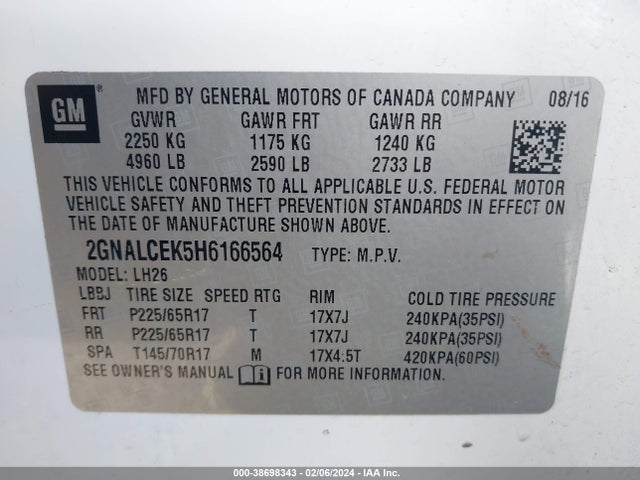 Chevrolet EQUINOX LT 2017 2GNALCEK5H6166564 Image 9