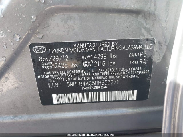 2013 HYUNDAI SONATA GLS VIN: 5NPEB4AC5DH653271
