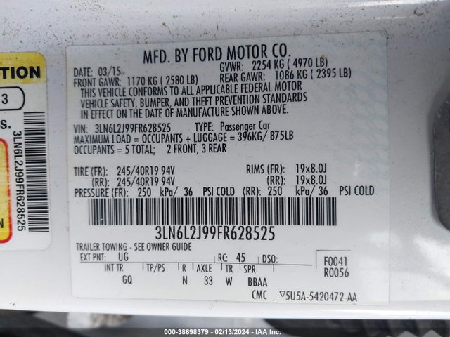 Lincoln MKZ 2015 3LN6L2J99FR628525 Image 9