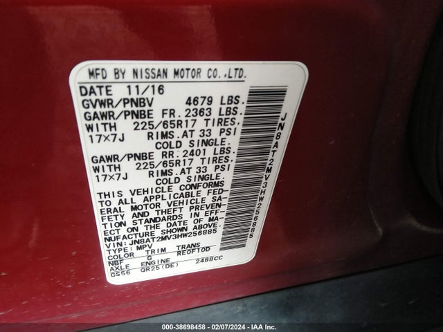 Nissan ROGUE SV 2017 JN8AT2MV3HW256885 Image 9