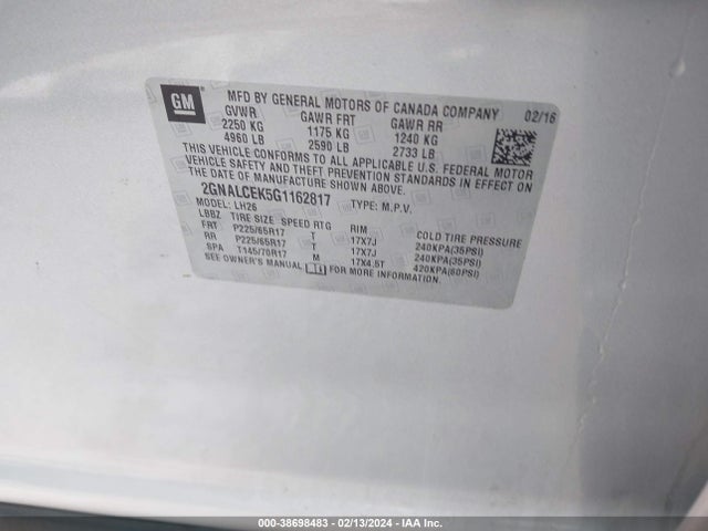 Chevrolet EQUINOX LT 2016 2GNALCEK5G1162817 Image 9