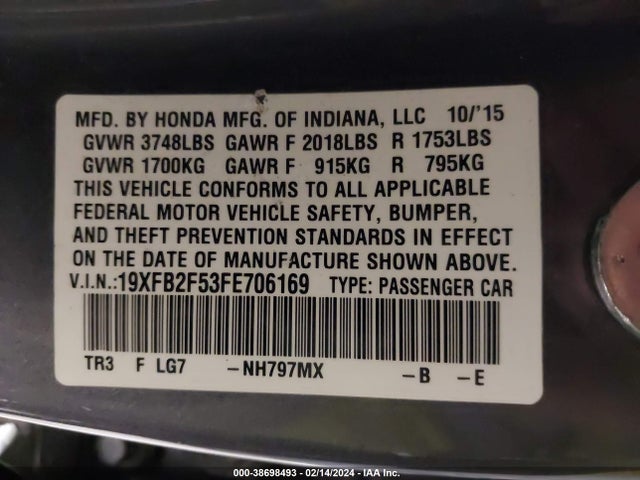 Honda Civic Lx 2015 19XFB2F53FE706169 Image 9