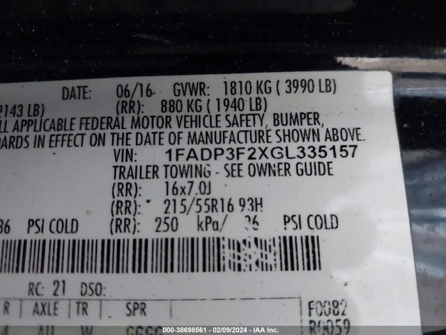 2016 FORD FOCUS SE VIN: 1FADP3F2XGL335157