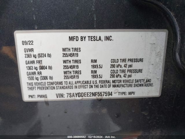 7SAYGDEE2NF557594 Tesla Model Y Long Range Dual Motor All-wheel Drive