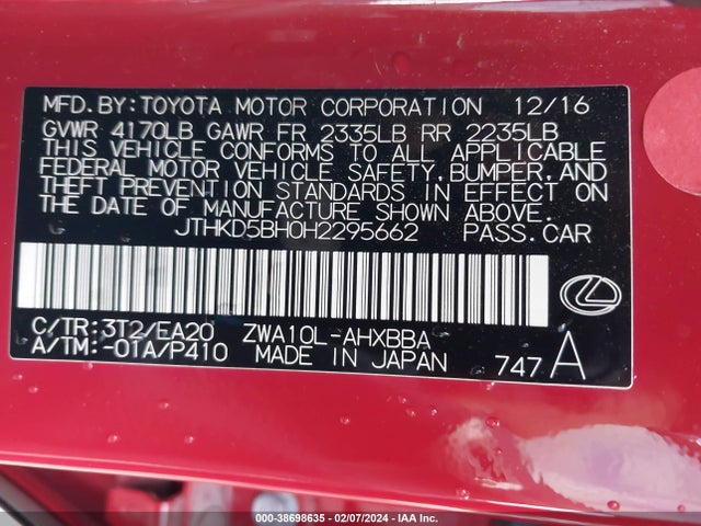 Lexus CT 200H 2017 JTHKD5BH0H2295662 Image 9