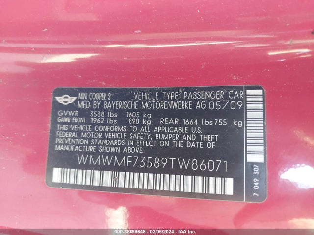 2009 MINI COOPER S WMWMF73589TW86071 Photo 8