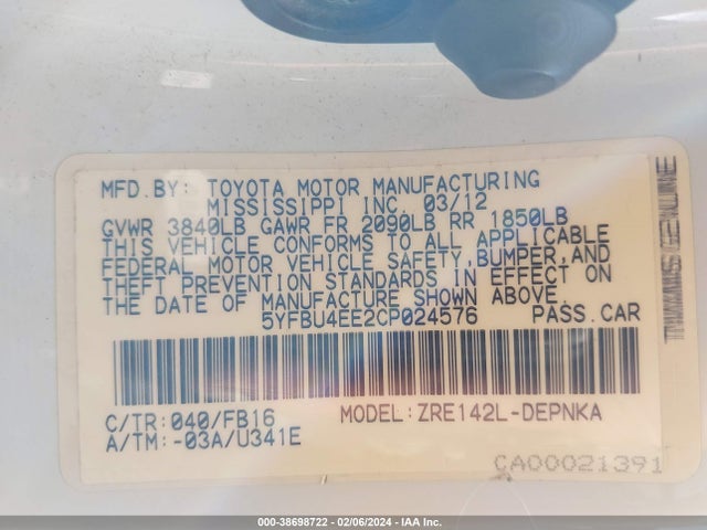 2012 TOYOTA COROLLA LE VIN: 5YFBU4EE2CP024576