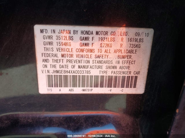 2010 HONDA FIT SPORT VIN: JHMGE8H4XAC033785