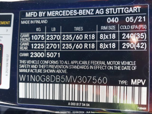 W1N0G8DB5MV307560 Mercedes-Benz Glc 300 Suv