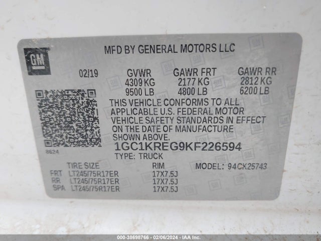 2019 CHEVROLET SILVERADO 2500HD WT VIN: 1GC1KREG9KF226594