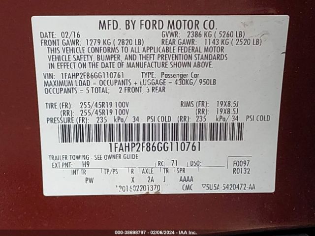 1FAHP2F86GG110761 Ford Taurus Limited