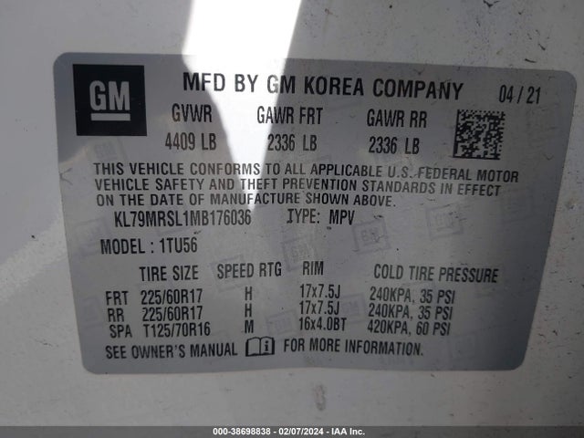 Chevrolet Trailblazer Awd Lt 2021 KL79MRSL1MB176036 Image 9
