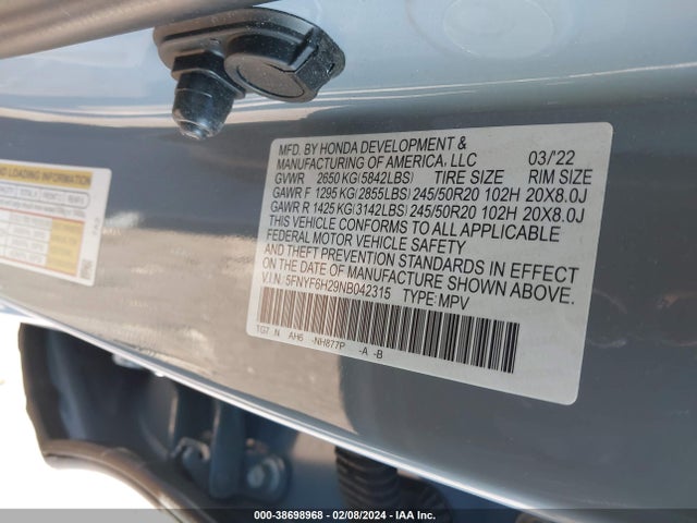 Honda Pilot Awd Special Edition 2022 5FNYF6H29NB042315 Image 9