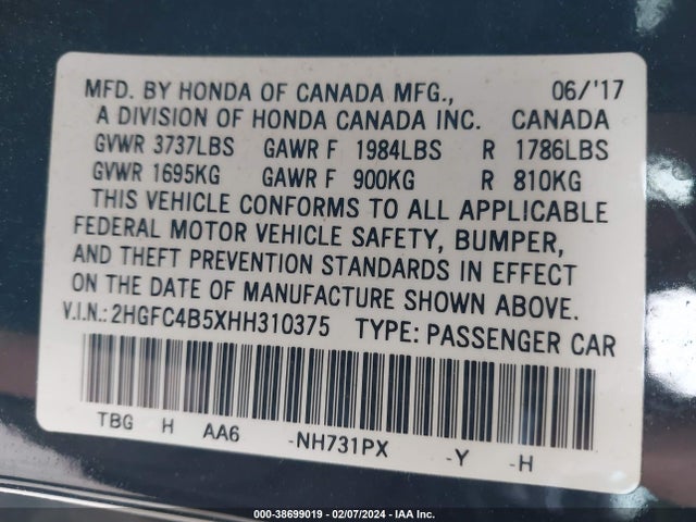 Honda Civic Lx 2017 2HGFC4B5XHH310375 Image 9