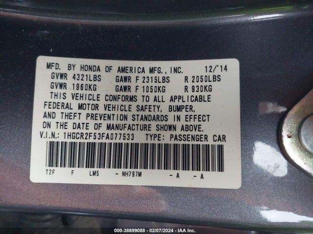 Honda Accord Sport 2015 1HGCR2F53FA077533 Image 9