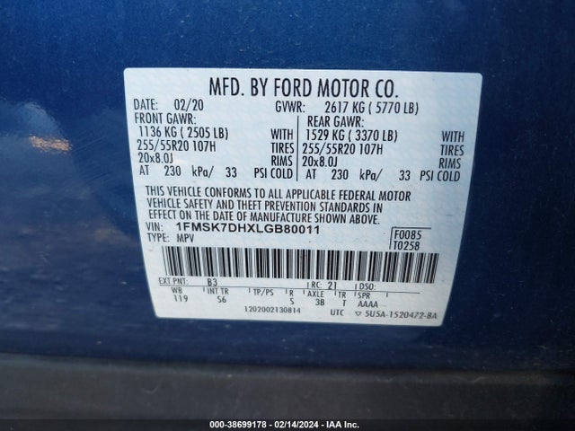 Ford EXPLORER XLT 2020 1FMSK7DHXLGB80011 Image 9