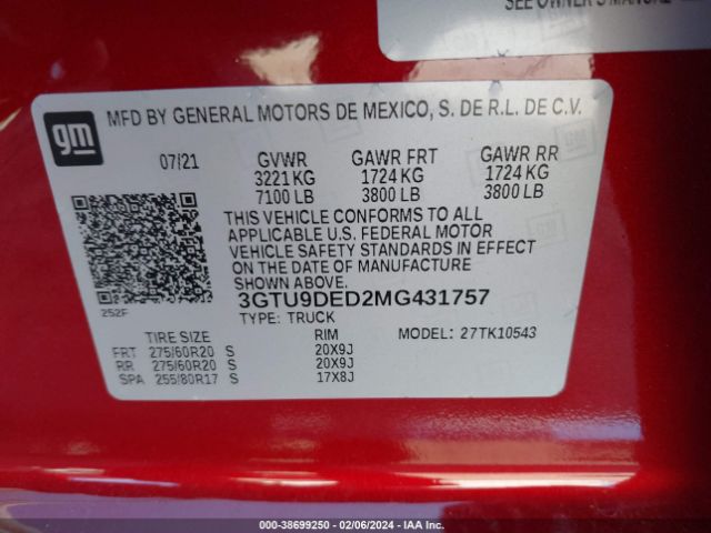 3GTU9DED2MG431757 GMC Sierra 1500 Slt