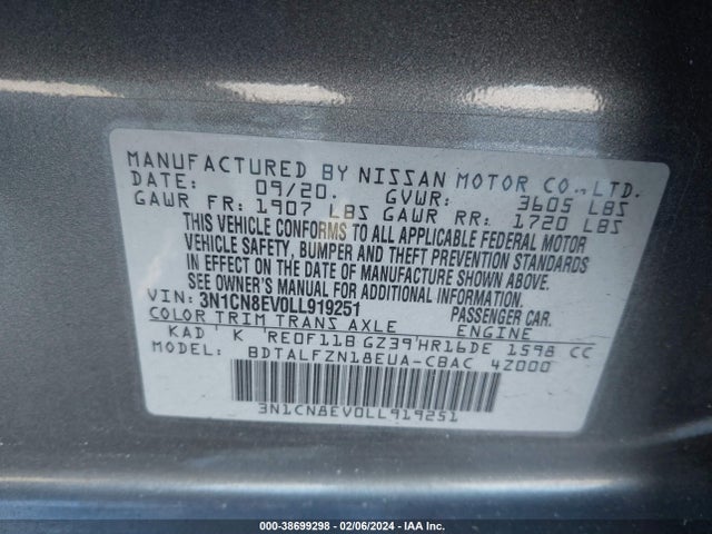 Nissan Versa Sv Xtronic Cvt 2020 3N1CN8EV0LL919251 Image 9