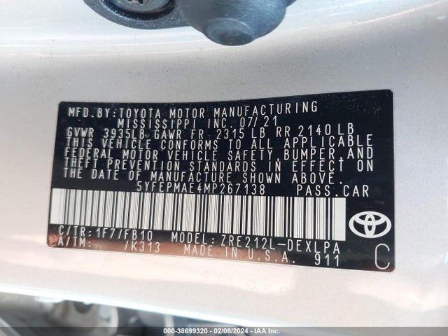 Toyota COROLLA LE 2021 5YFEPMAE4MP267138 Image 9
