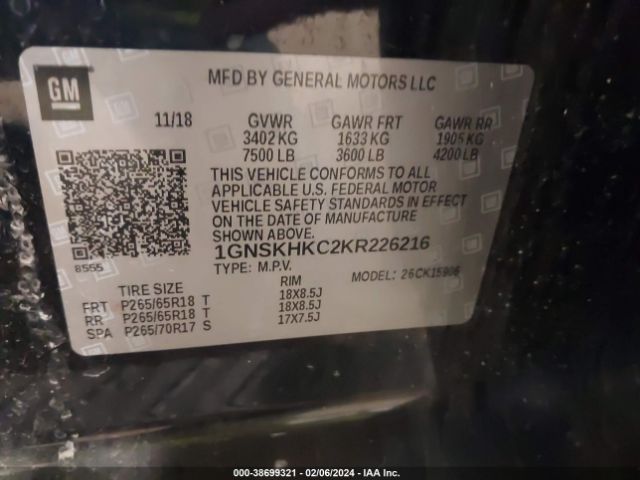 1GNSKHKC2KR226216 Chevrolet Suburban Lt