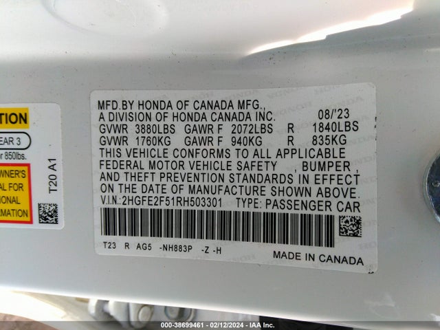 Honda Civic Sport 2024 2HGFE2F51RH503301 Image 9