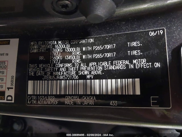 Toyota 4runner Sr5 Premium 2019 JTEBU5JR4K5721706 Image 9