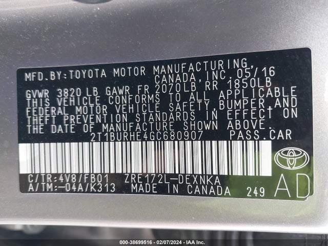Toyota COROLLA LE 2016 2T1BURHE4GC680907 Image 9