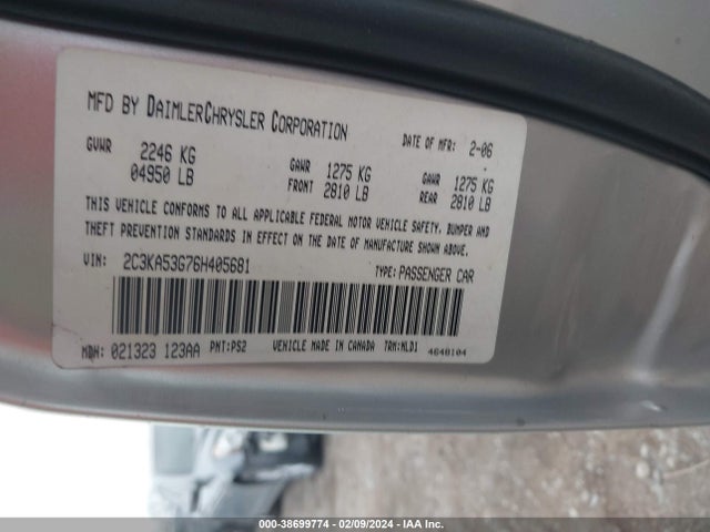 2006 CHRYSLER 300 TOURING VIN: 2C3KA53G76H405681