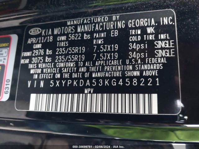 5XYPKDA53KG458221 KIA Sorento 3.3l Sxl
