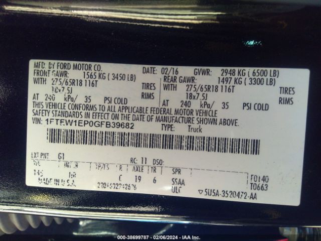 1FTEW1EP0GFB39682 Ford F-150 Lariat