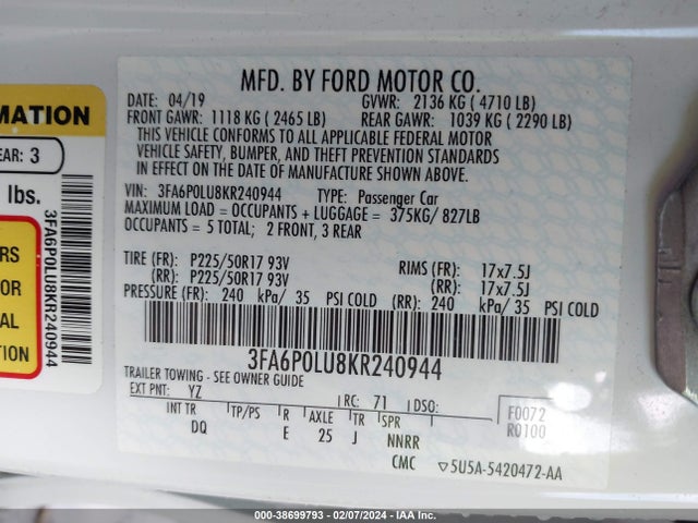 2019 FORD FUSION HYBRID SE VIN: 3FA6P0LU8KR240944
