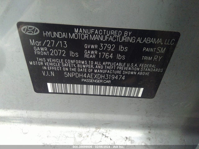 2013 HYUNDAI ELANTRA LIMITED VIN: 5NPDH4AEXDH319474