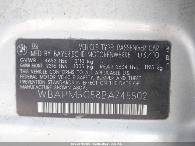2011 BMW 335I VIN: WBAPM5C58BA745502