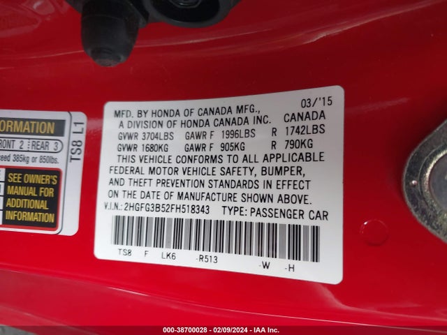 Honda Civic Lx 2015 2HGFG3B52FH518343 Image 9