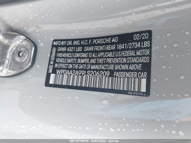 WP0AA2A99LS206209 Porsche 911 Carrera/carrera 4