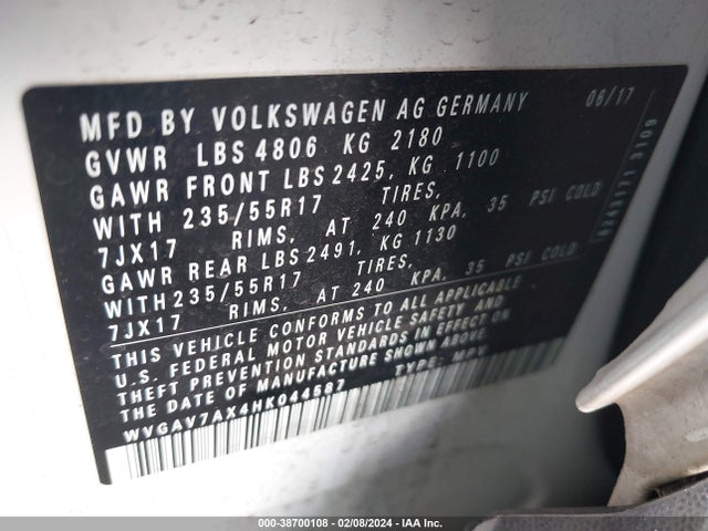WVGAV7AX4HK044587 Volkswagen Tiguan 2.0t/2.0t S