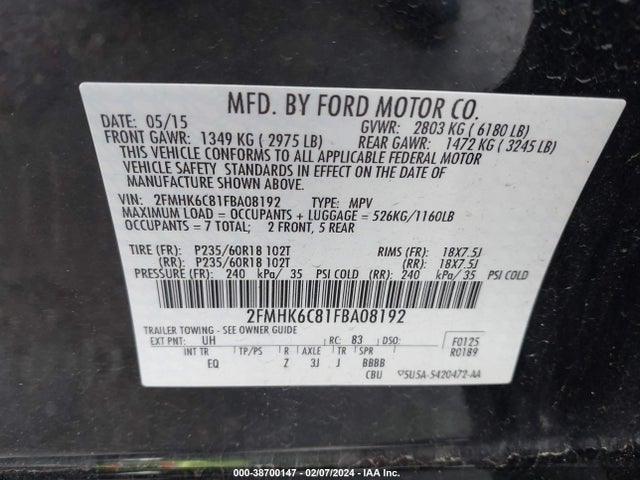 2015 FORD FLEX SEL VIN: 2FMHK6C81FBA08192