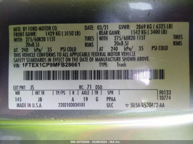 1FTEX1CP9MFB28661 Ford F-150 Xl