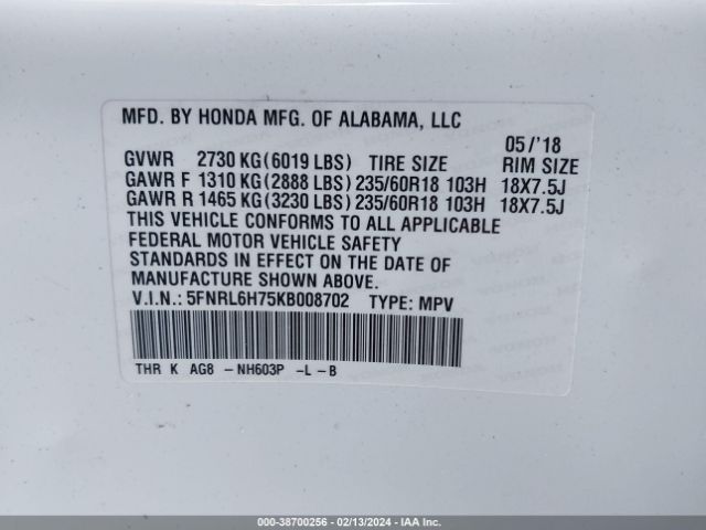 5FNRL6H75KB008702 Honda Odyssey Ex-l