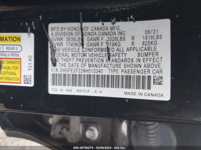 2HGFE2F22NH510340 Honda Civic Lx
