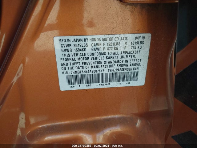 2010 HONDA FIT SPORT VIN: JHMGE8H42AS007817