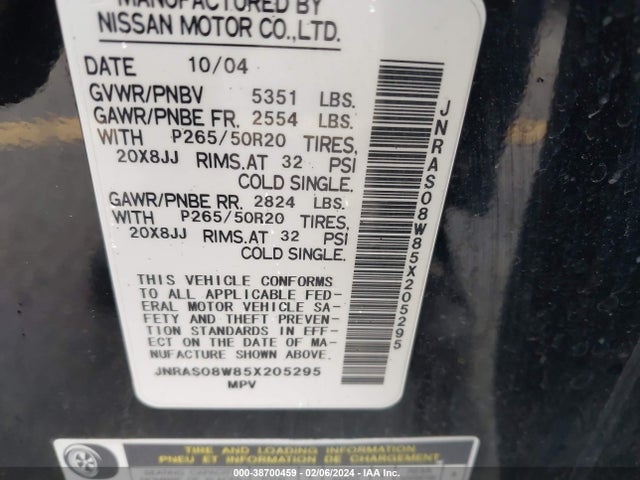 2005 INFINITI FX35 VIN: JNRAS08W85X205295