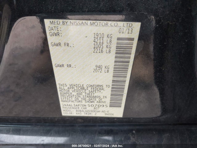 2013 NISSAN ALTIMA 2.5 SL VIN: 1N4AL3AP7DN507095