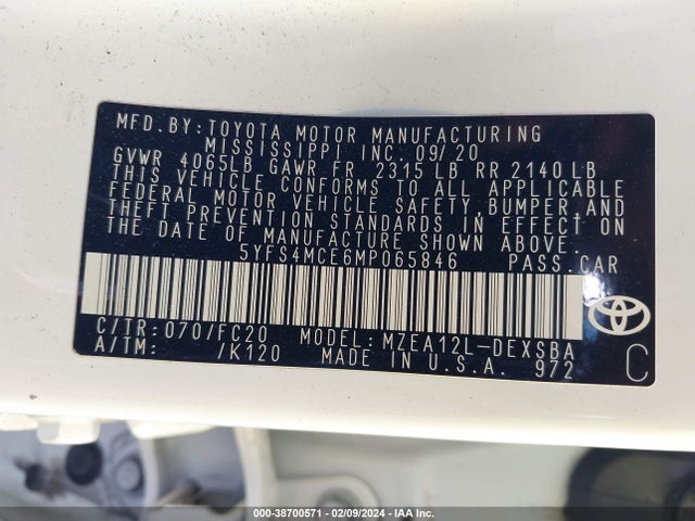 Toyota COROLLA SE 2021 5YFS4MCE6MP065846 Image 9