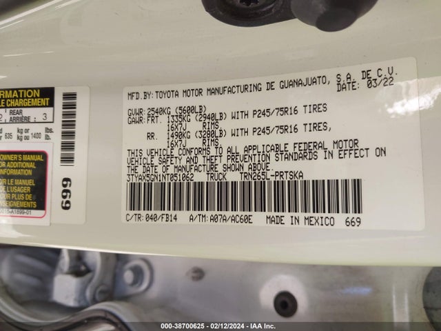 Toyota Tacoma Sr 2022 3TYAX5GN1NT051062 Image 9