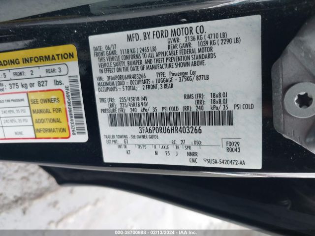 3FA6P0RU6HR403266 Ford Fusion Hybrid Titanium